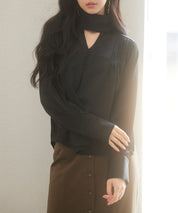 チョーカーネック長袖ブラウスsdp0130 ブラック