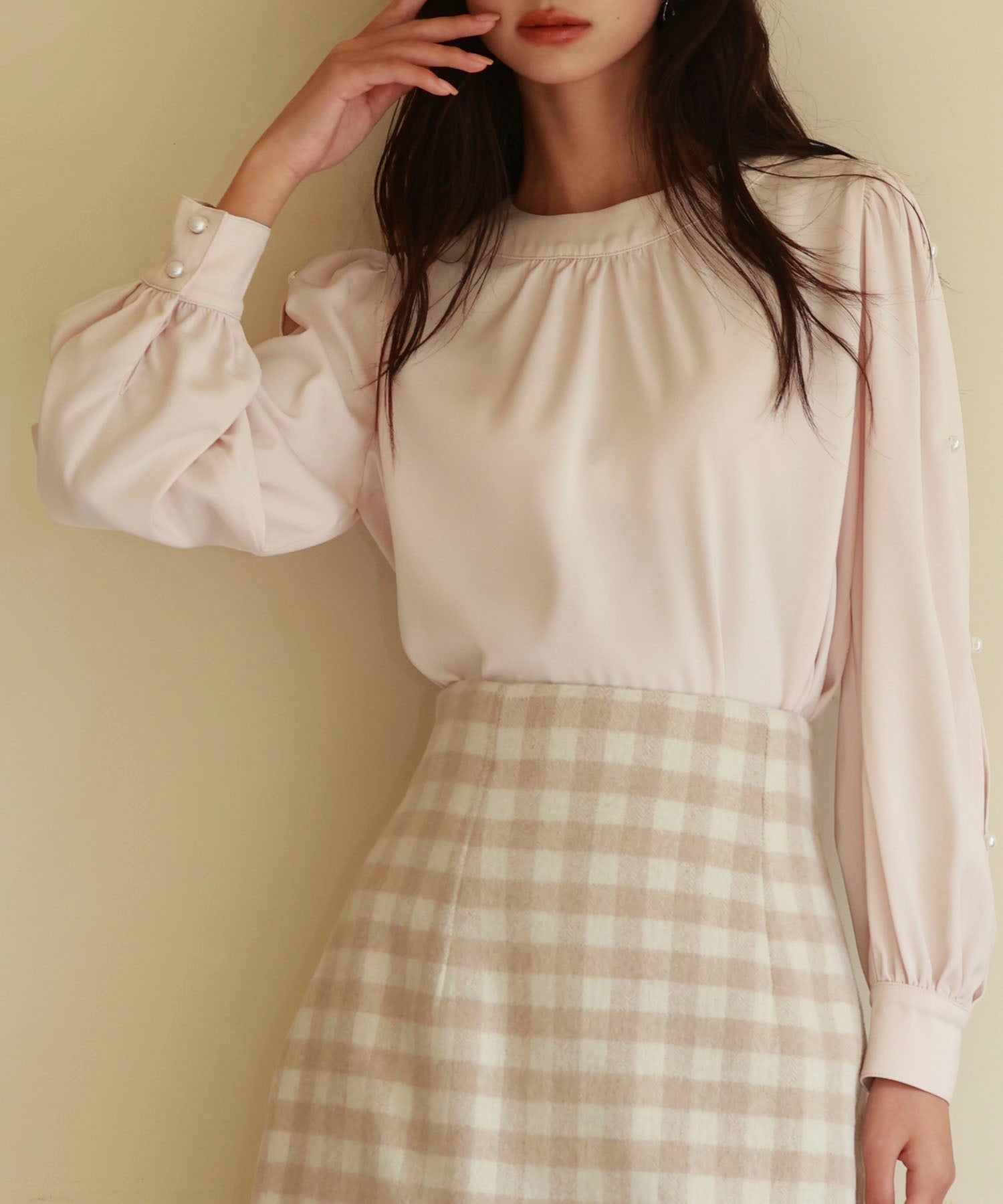 後首元リボンデザイン長袖ブラウスsdp0135 ピンクベージュ