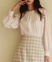 後首元リボンデザイン長袖ブラウスsdp0135 ピンクベージュ