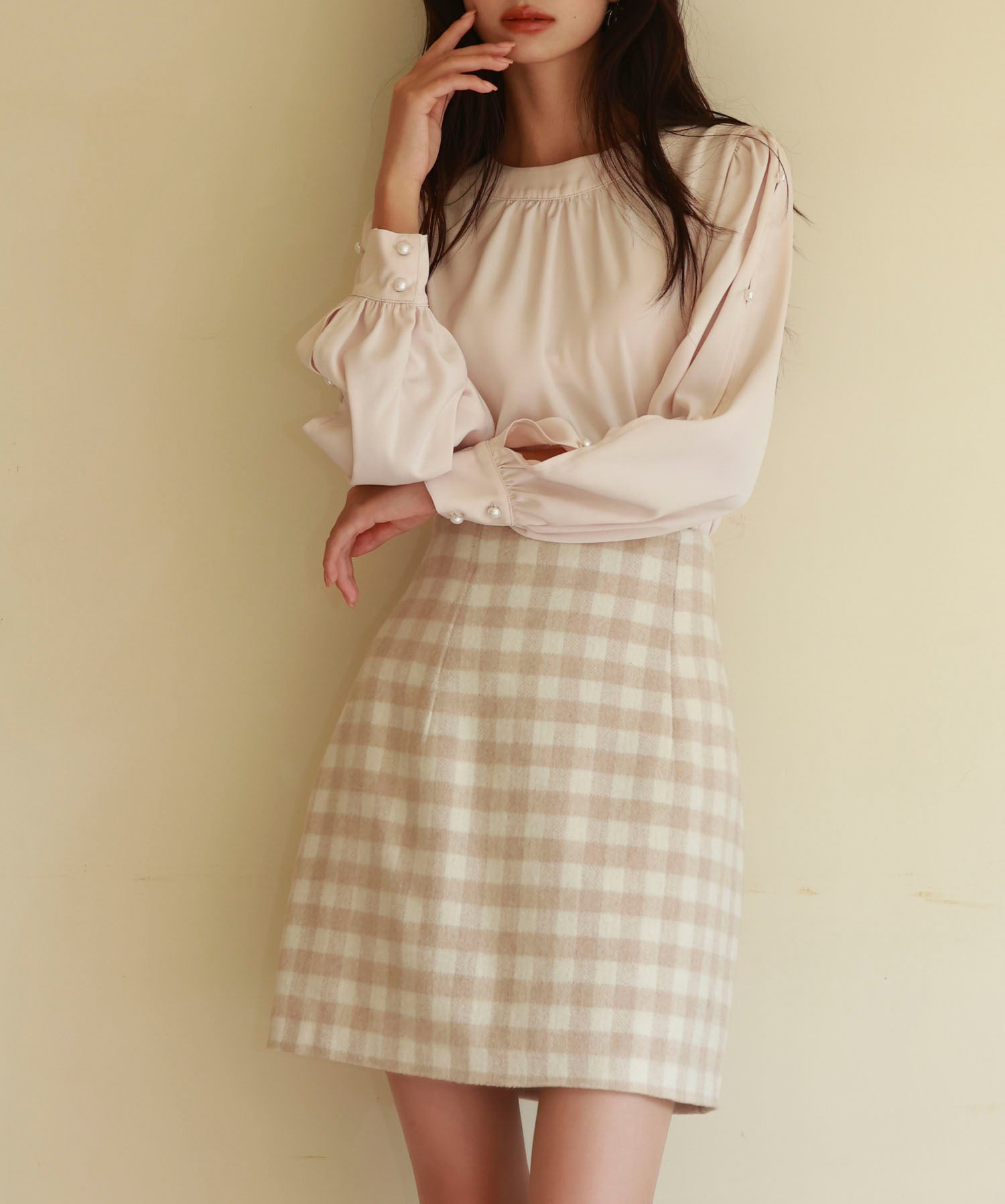 後首元リボンデザイン長袖ブラウスsdp0135 ピンクベージュ