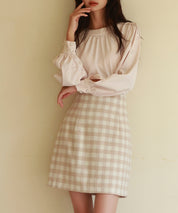 後首元リボンデザイン長袖ブラウスsdp0135 ピンクベージュ