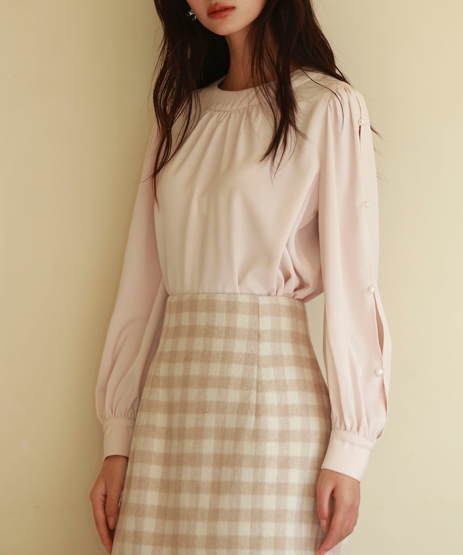 後首元リボンデザイン長袖ブラウスsdp0135 ピンクベージュ