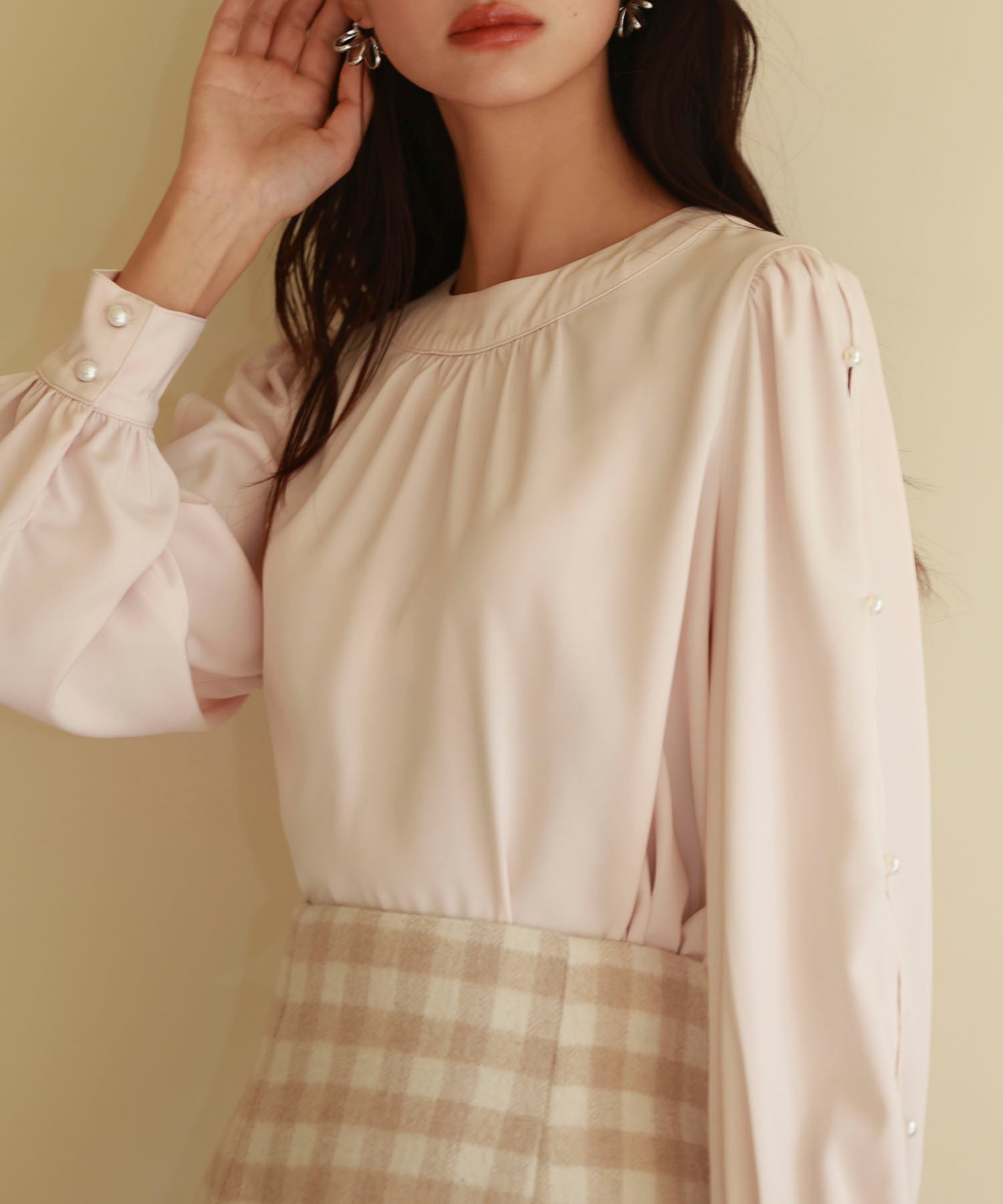 後首元リボンデザイン長袖ブラウスsdp0135 ピンクベージュ