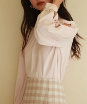 後首元リボンデザイン長袖ブラウスsdp0135 ピンクベージュ