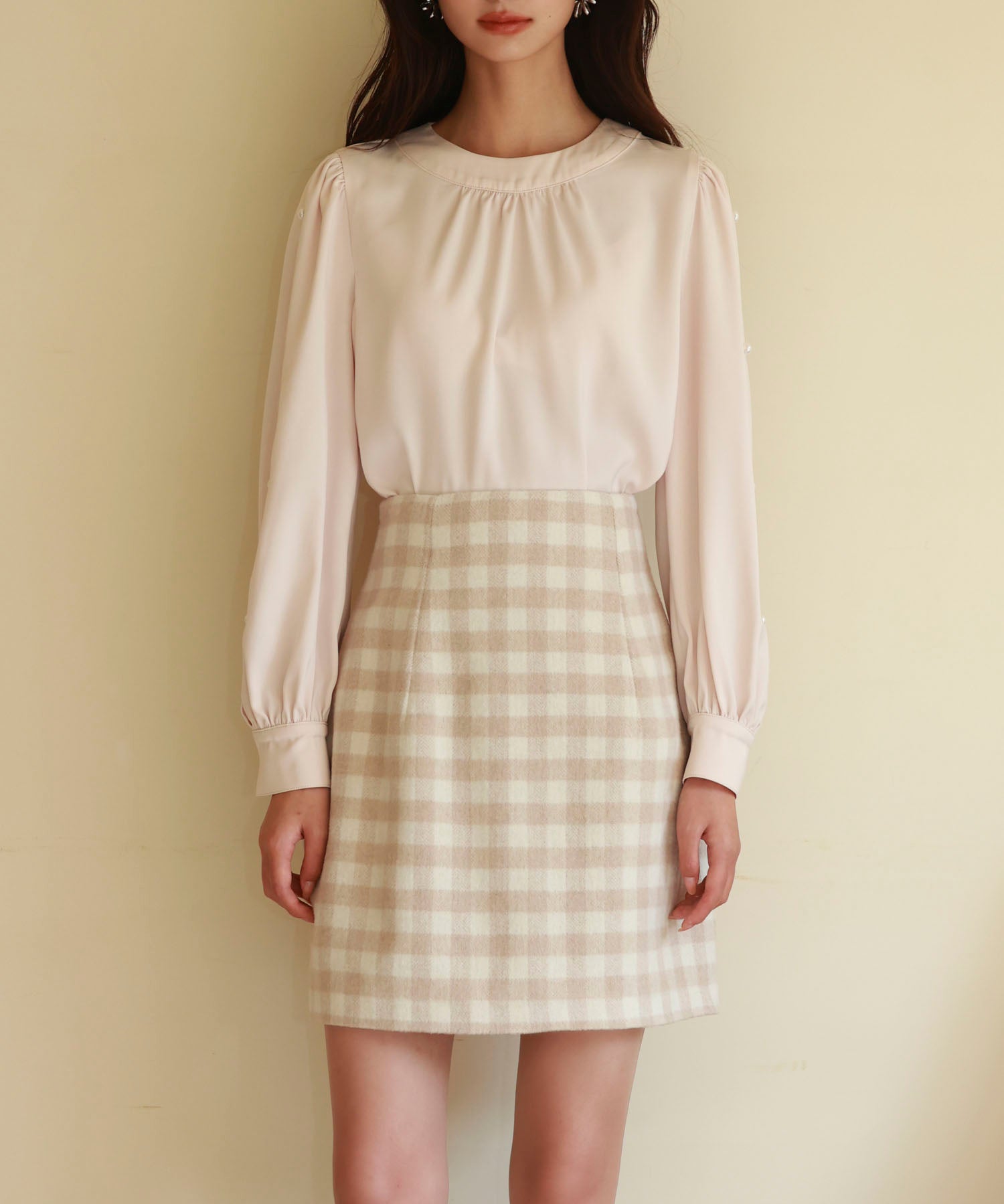 後首元リボンデザイン長袖ブラウスsdp0135 ピンクベージュ