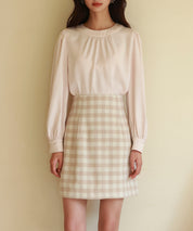 後首元リボンデザイン長袖ブラウスsdp0135 ピンクベージュ