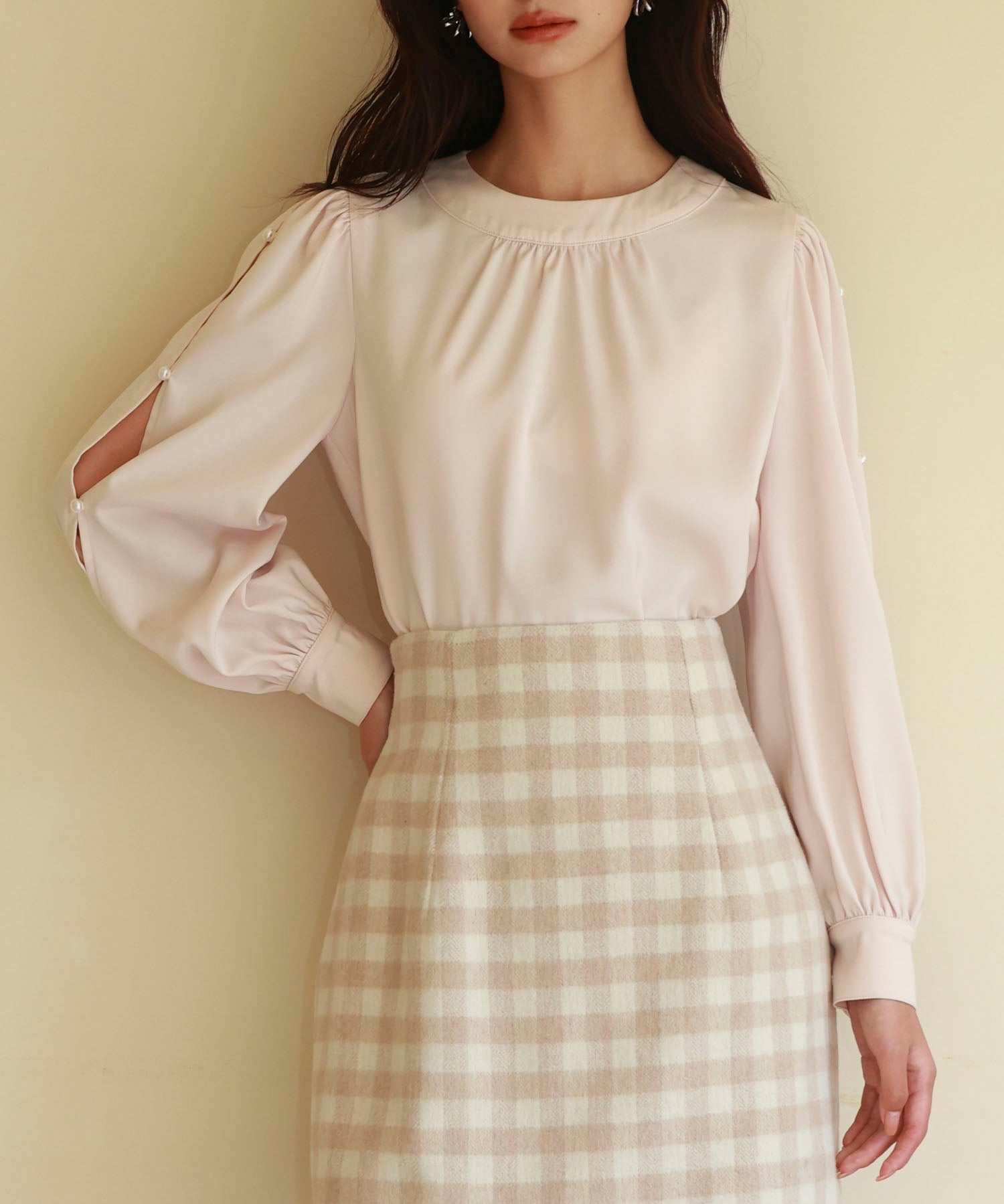 後首元リボンデザイン長袖ブラウスsdp0135 ピンクベージュ