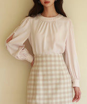 後首元リボンデザイン長袖ブラウスsdp0135 ピンクベージュ