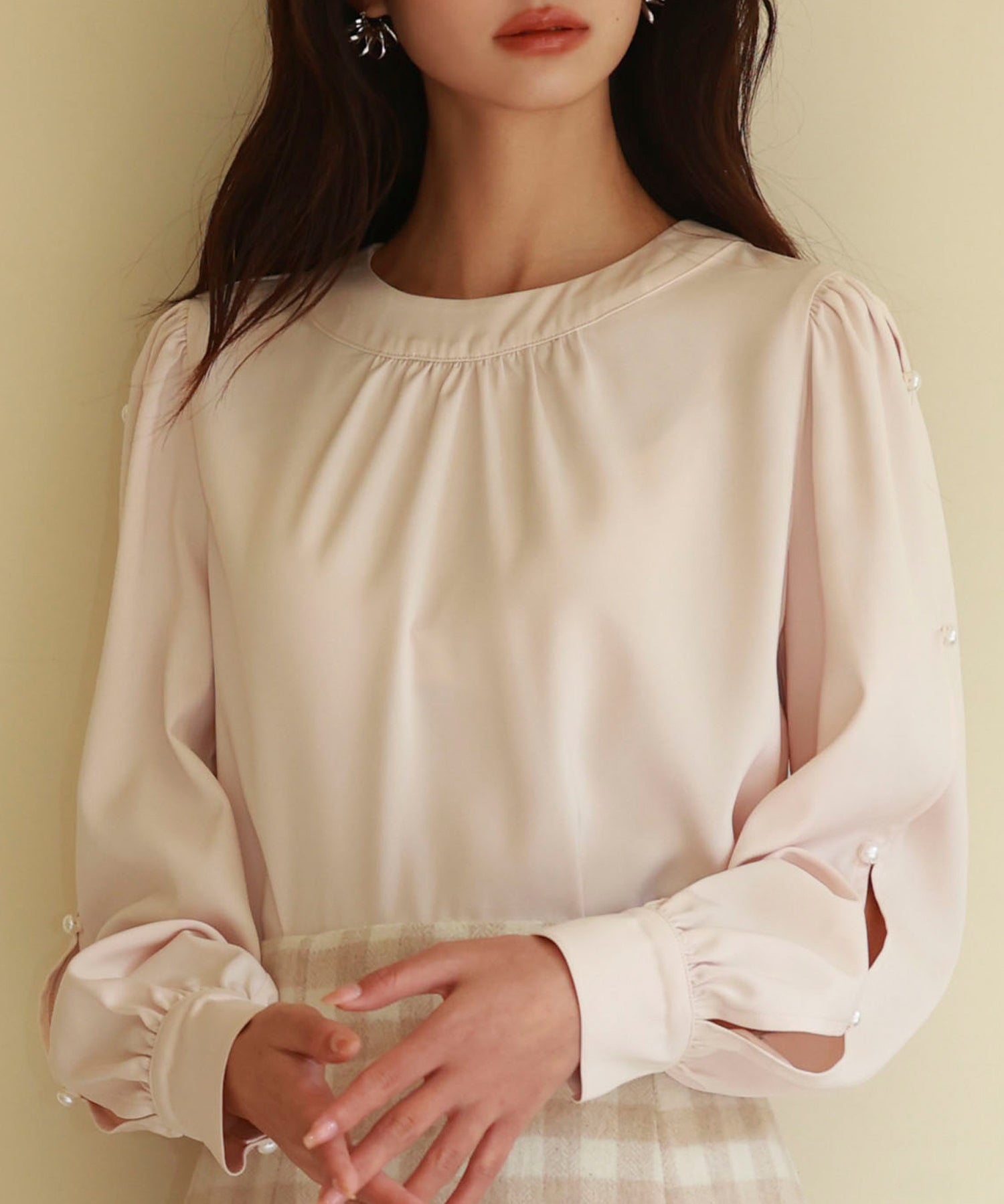 後首元リボンデザイン長袖ブラウスsdp0135 ピンクベージュ