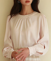 後首元リボンデザイン長袖ブラウスsdp0135 ピンクベージュ