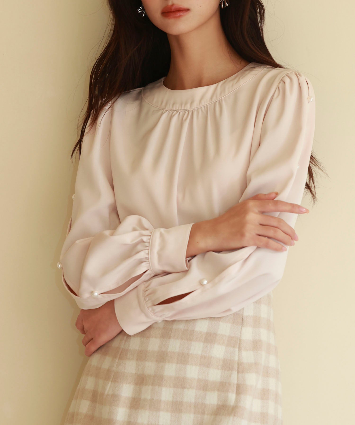 後首元リボンデザイン長袖ブラウスsdp0135 ピンクベージュ