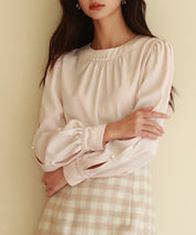 後首元リボンデザイン長袖ブラウスsdp0135 ピンクベージュ