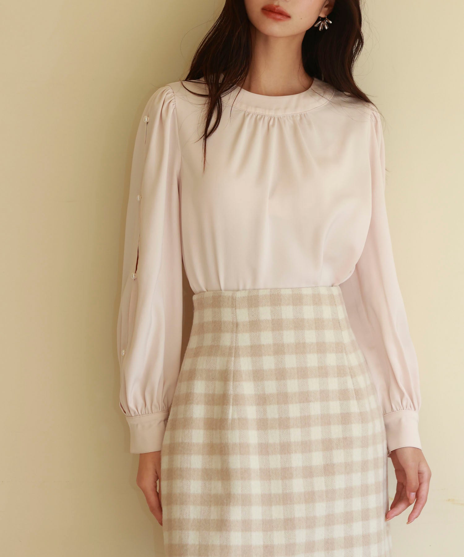 後首元リボンデザイン長袖ブラウスsdp0135 ピンクベージュ