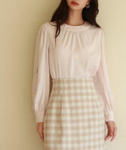 後首元リボンデザイン長袖ブラウスsdp0135 ピンクベージュ