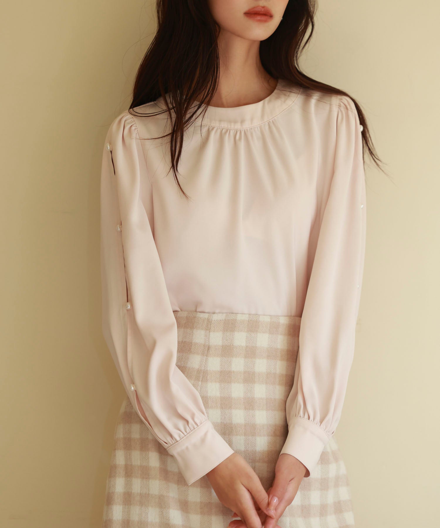 後首元リボンデザイン長袖ブラウスsdp0135 ピンクベージュ