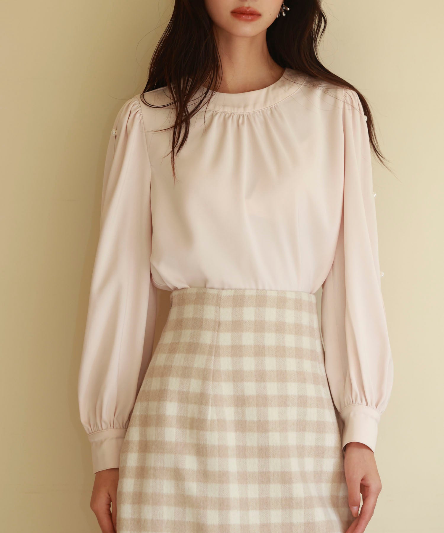 後首元リボンデザイン長袖ブラウスsdp0135 ピンクベージュ