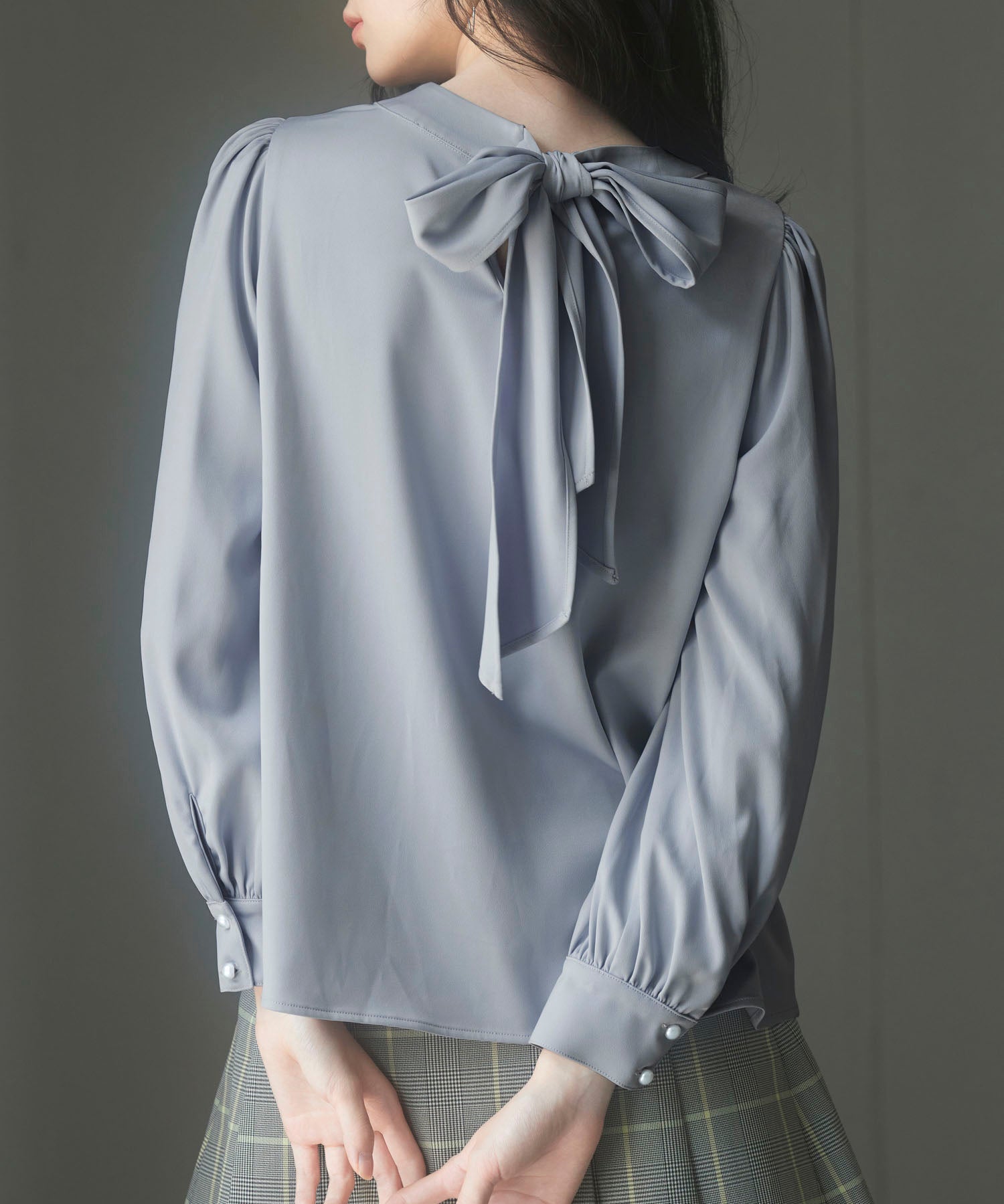 後首元リボンデザイン長袖ブラウスsdp0135 グレー