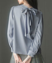 後首元リボンデザイン長袖ブラウスsdp0135 グレー