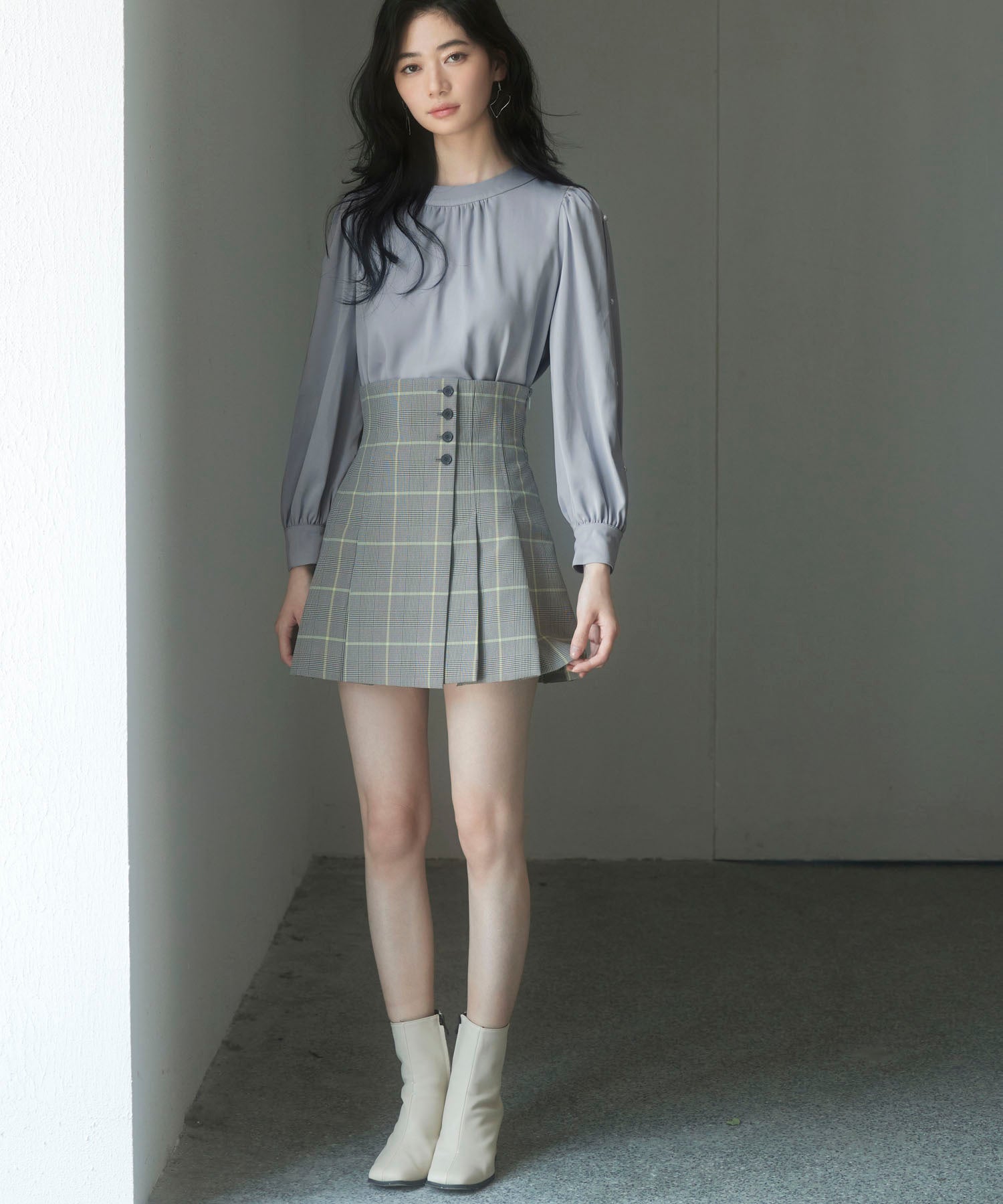 後首元リボンデザイン長袖ブラウスsdp0135 グレー