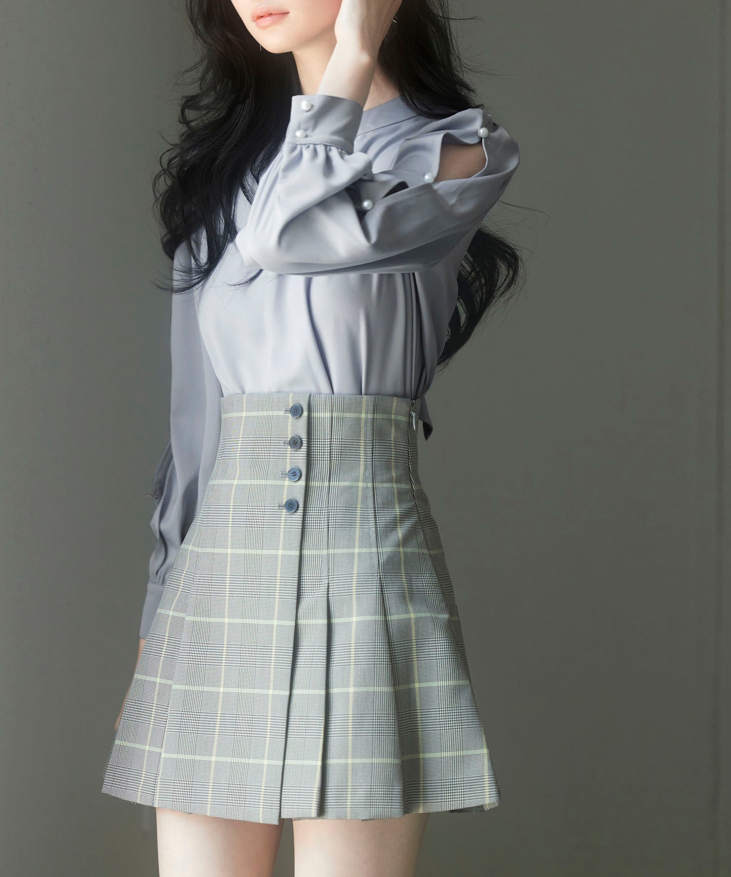 後首元リボンデザイン長袖ブラウスsdp0135 グレー