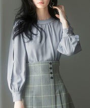 後首元リボンデザイン長袖ブラウスsdp0135 グレー