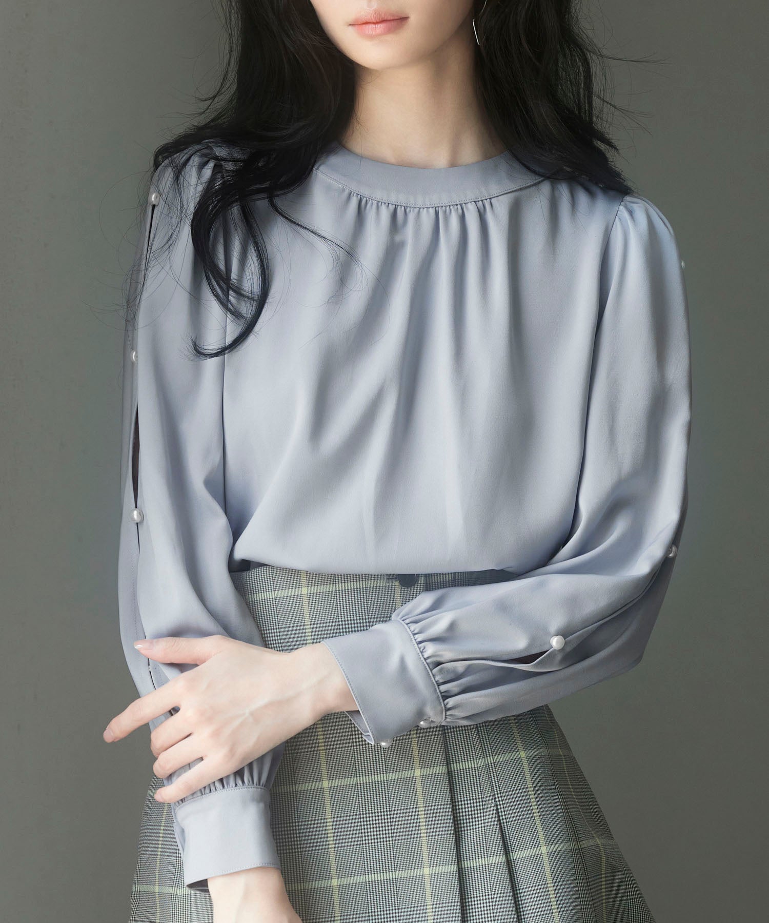 後首元リボンデザイン長袖ブラウスsdp0135 グレー