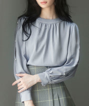 後首元リボンデザイン長袖ブラウスsdp0135 グレー