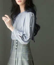 後首元リボンデザイン長袖ブラウスsdp0135 グレー