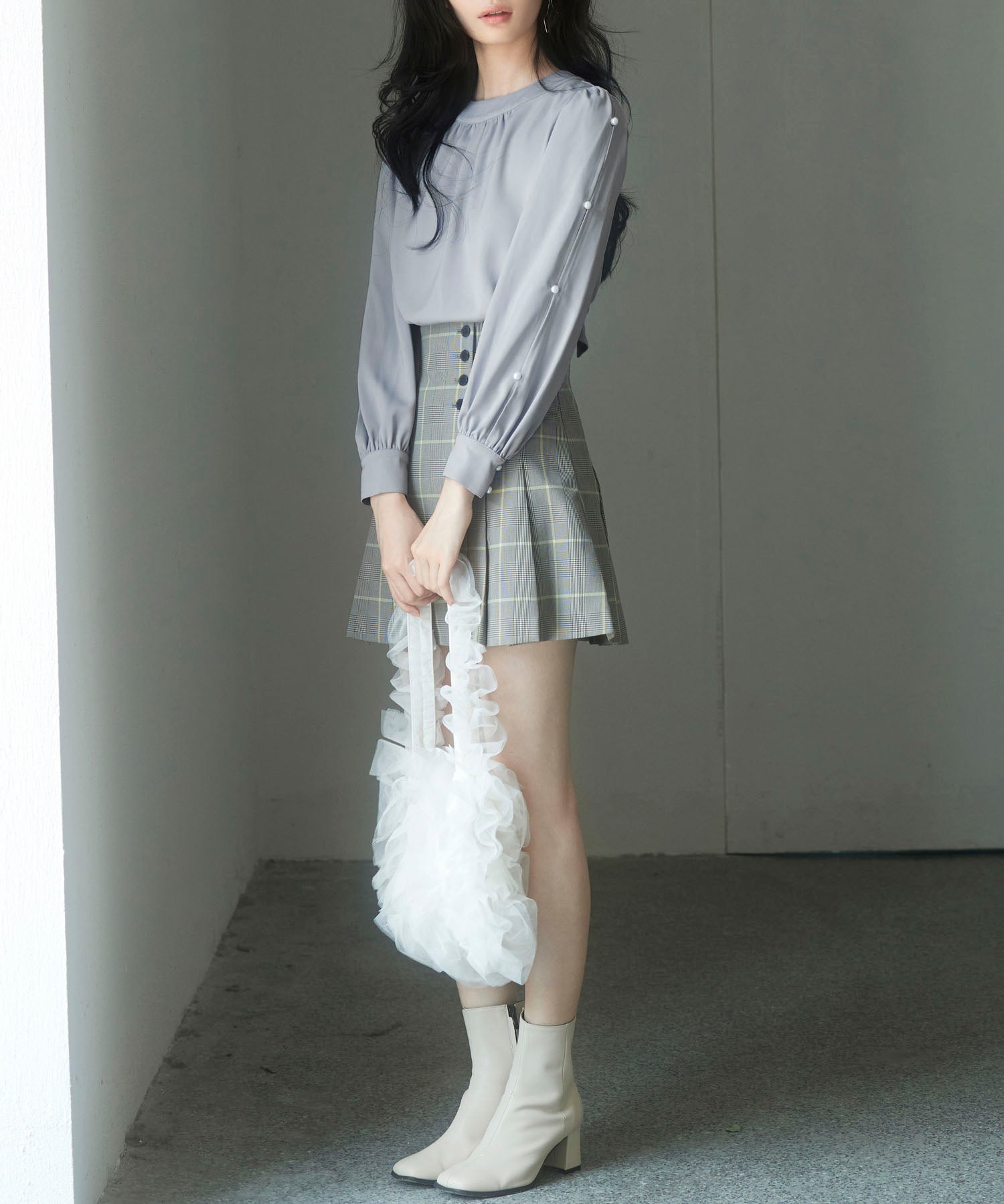 後首元リボンデザイン長袖ブラウスsdp0135 グレー