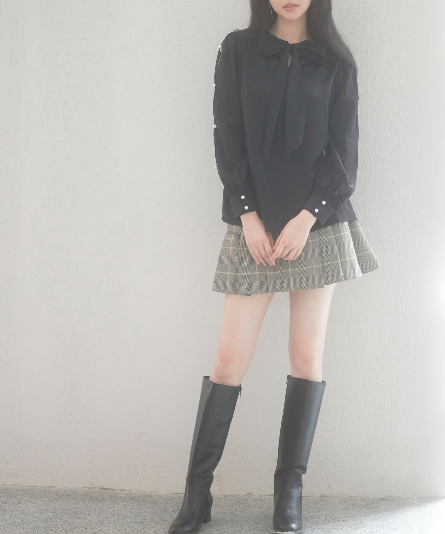 後首元リボンデザイン長袖ブラウスsdp0135 ブラック