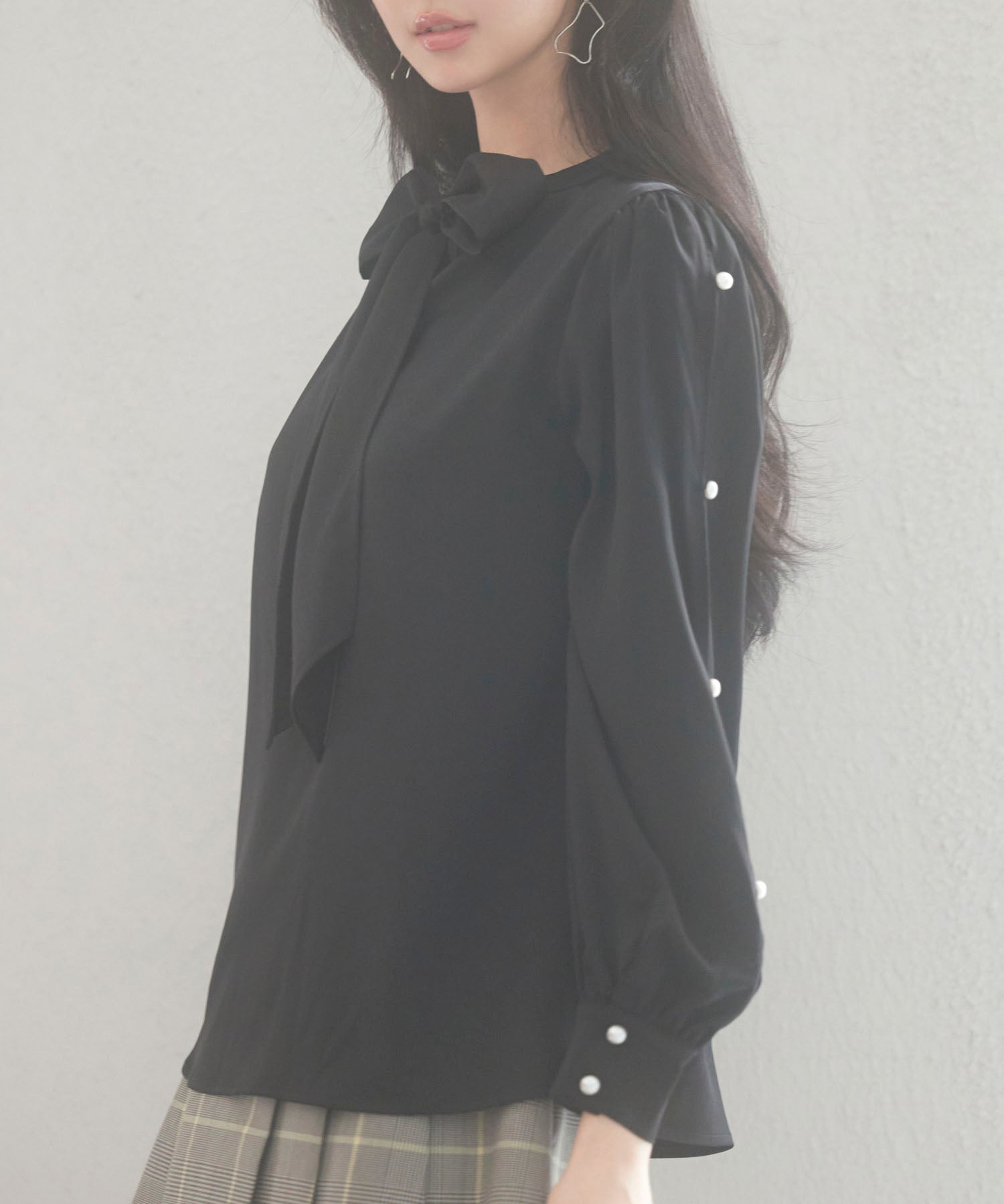 後首元リボンデザイン長袖ブラウスsdp0135 ブラック