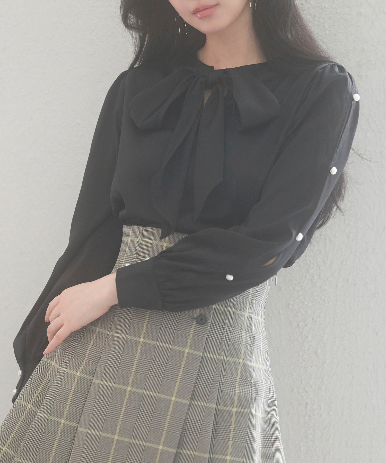 後首元リボンデザイン長袖ブラウスsdp0135 ブラック