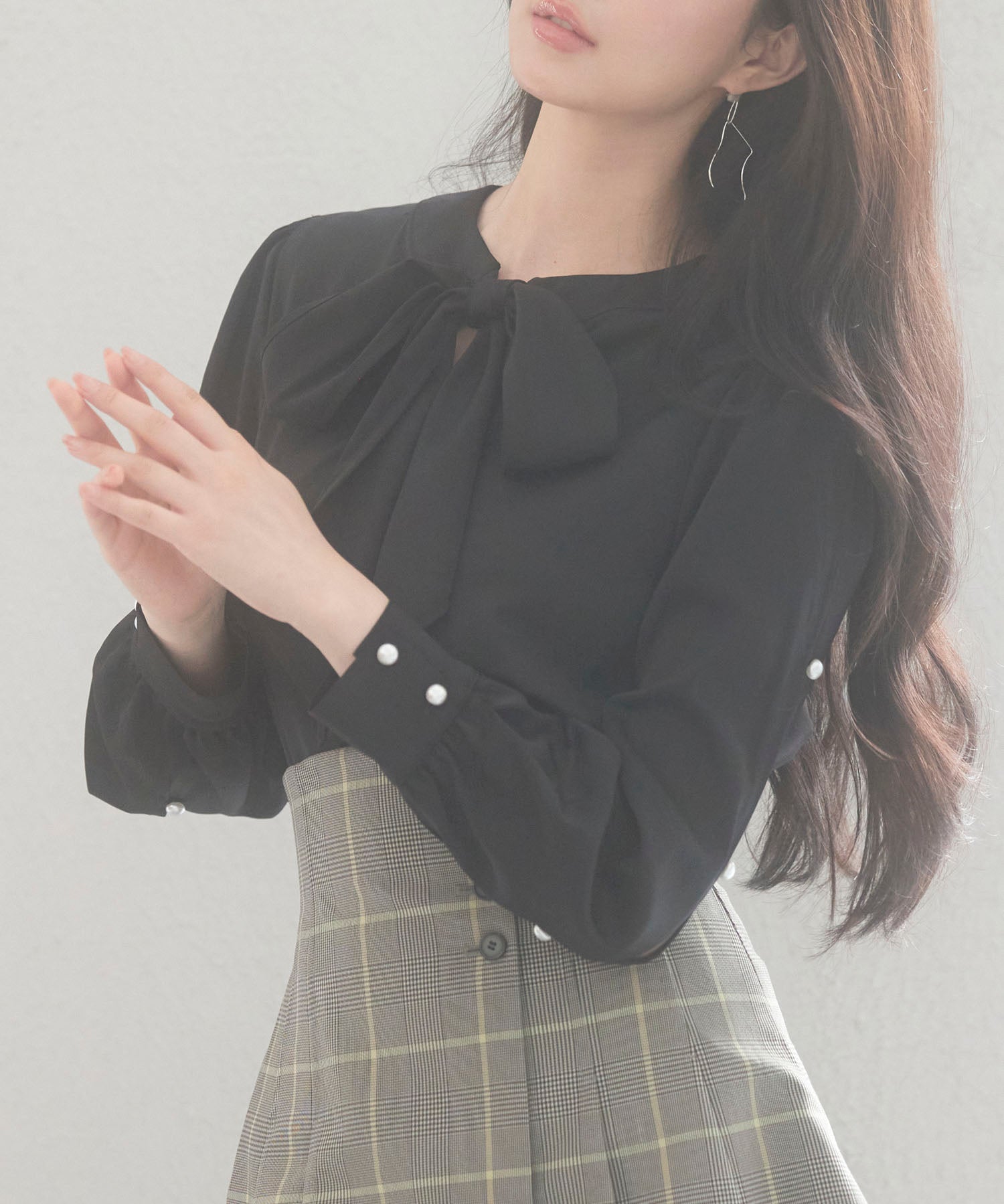 後首元リボンデザイン長袖ブラウスsdp0135 ブラック