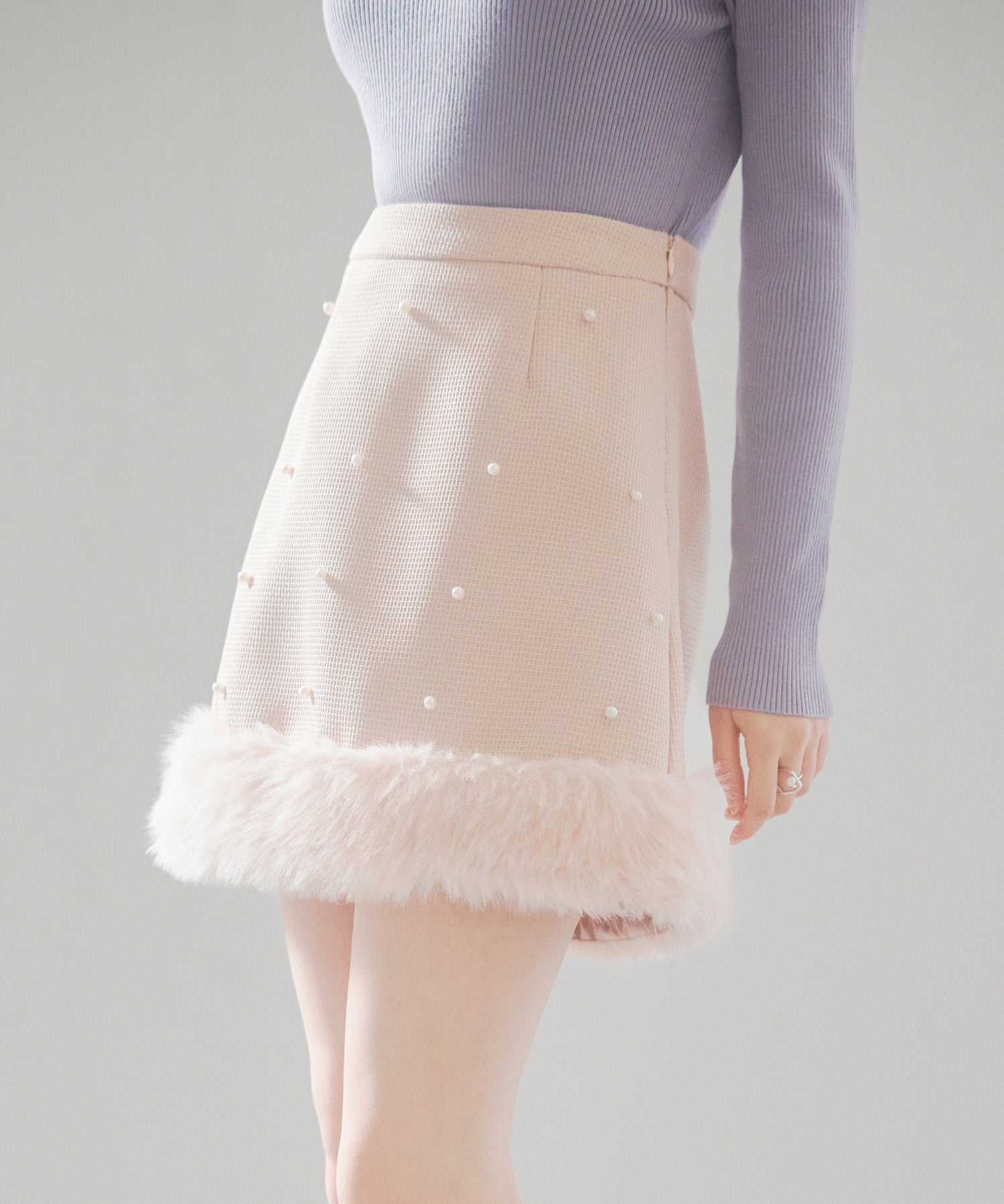 パール付きハイウエストツイードミニスカートsdp0145b ピンクベージュ