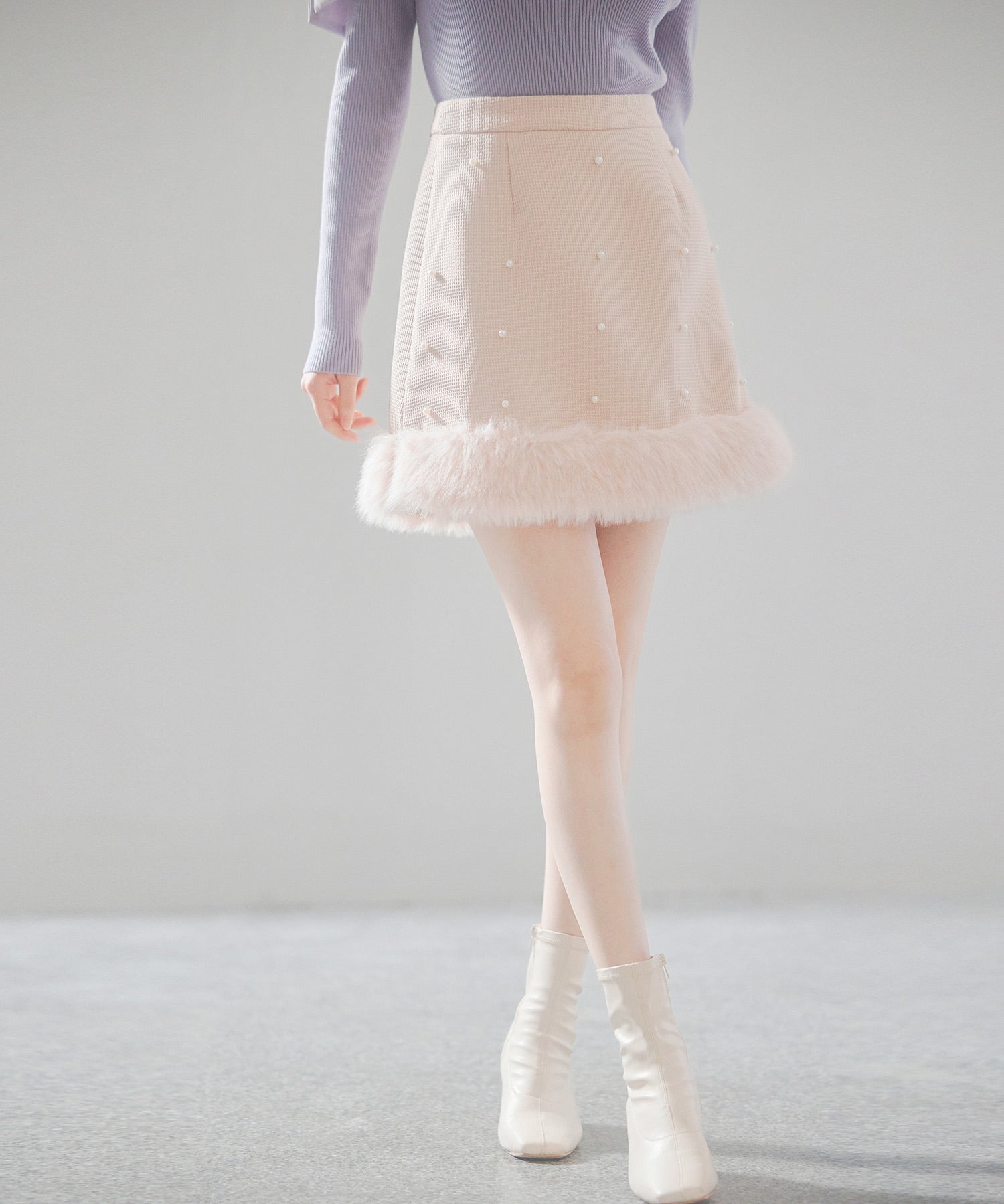 パール付きハイウエストツイードミニスカートsdp0145b ピンクベージュ