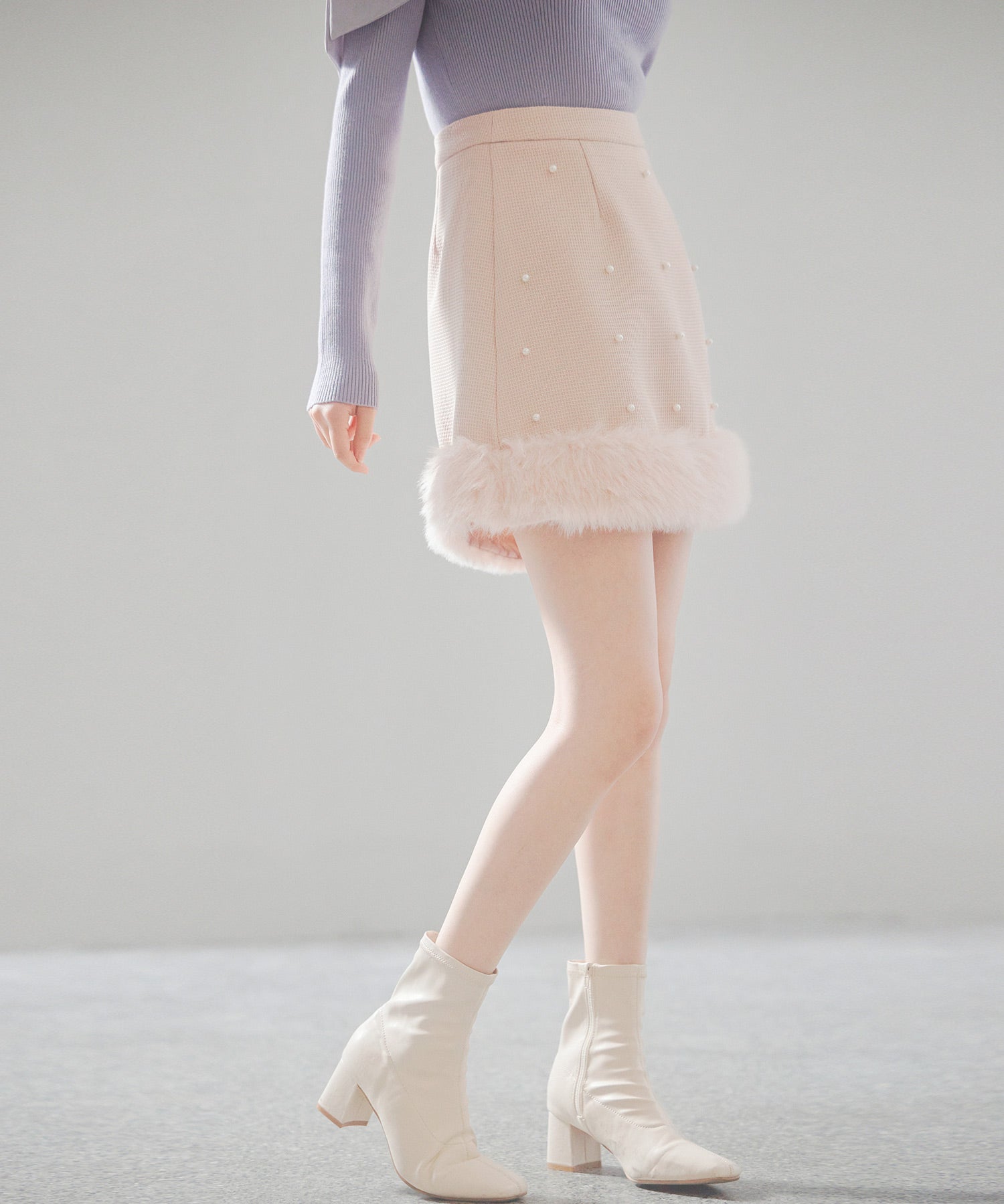 パール付きハイウエストツイードミニスカートsdp0145b ピンクベージュ