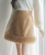 パール付きハイウエストツイードミニスカートsdp0145b ブラウン