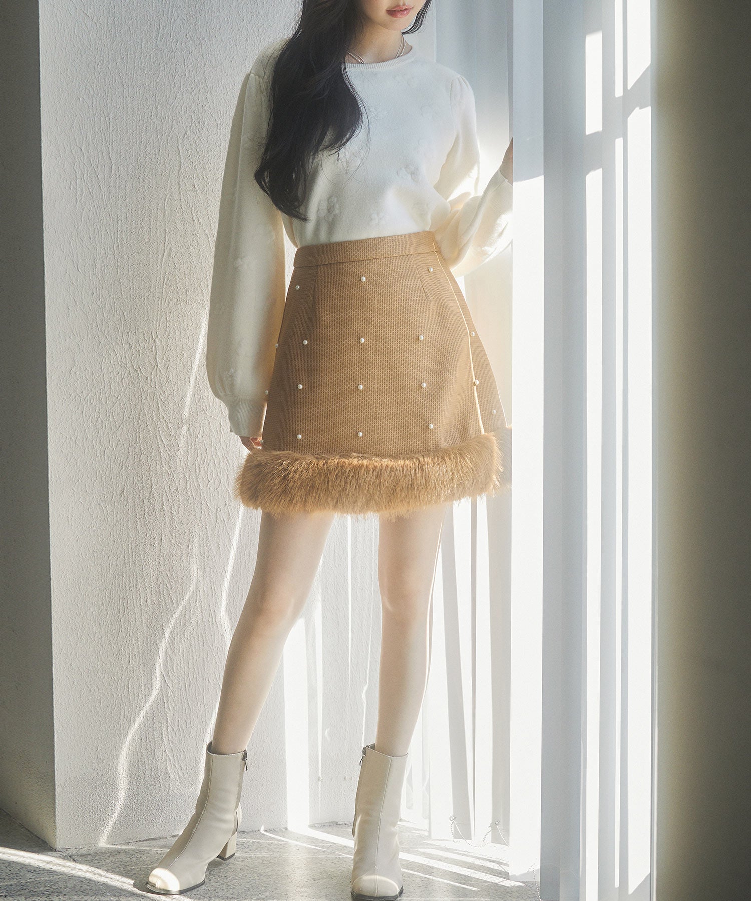 パール付きハイウエストツイードミニスカートsdp0145b ブラウン