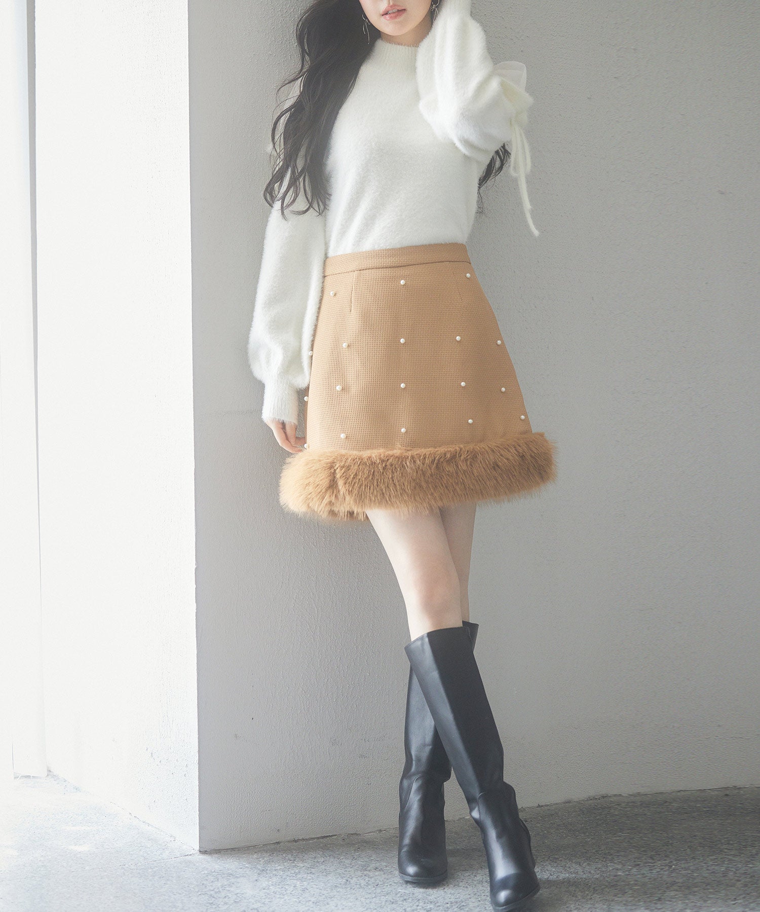 パール付きハイウエストツイードミニスカートsdp0145b ブラウン