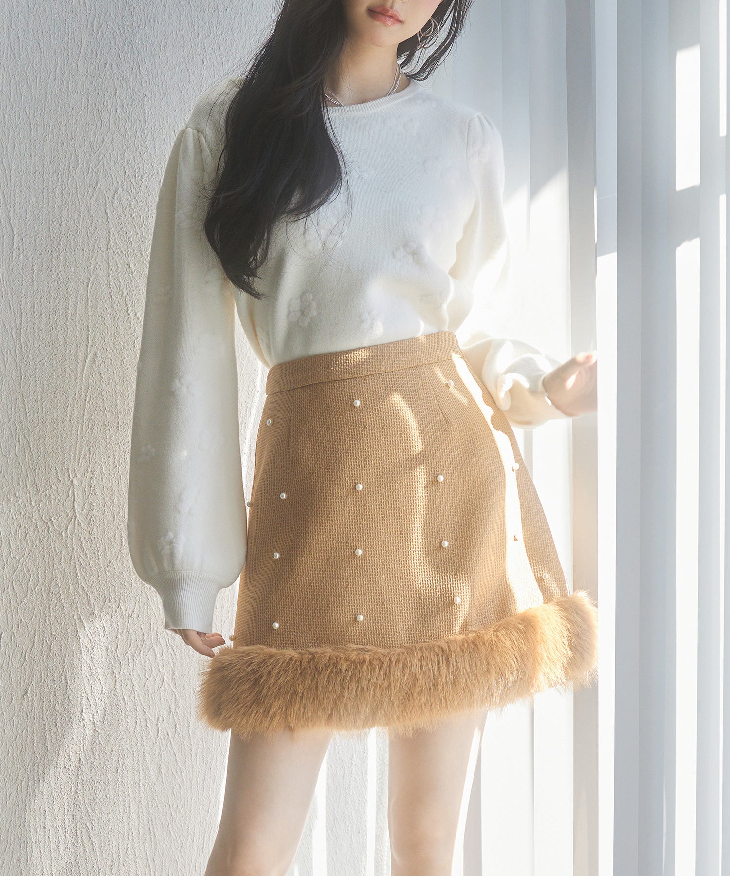 パール付きハイウエストツイードミニスカートsdp0145b ブラウン