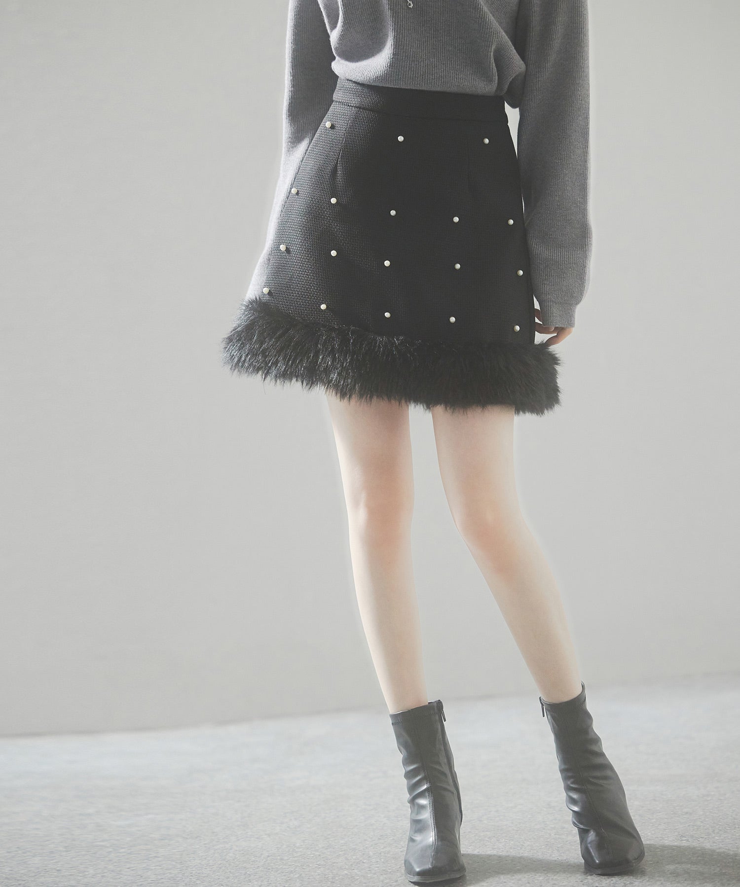 パール付きハイウエストツイードミニスカートsdp0145b ブラック