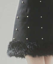 パール付きハイウエストツイードミニスカートsdp0145b ブラック