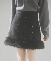 パール付きハイウエストツイードミニスカートsdp0145b ブラック