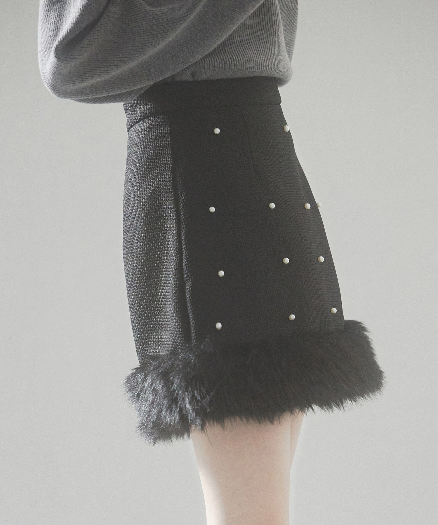 パール付きハイウエストツイードミニスカートsdp0145b ブラック