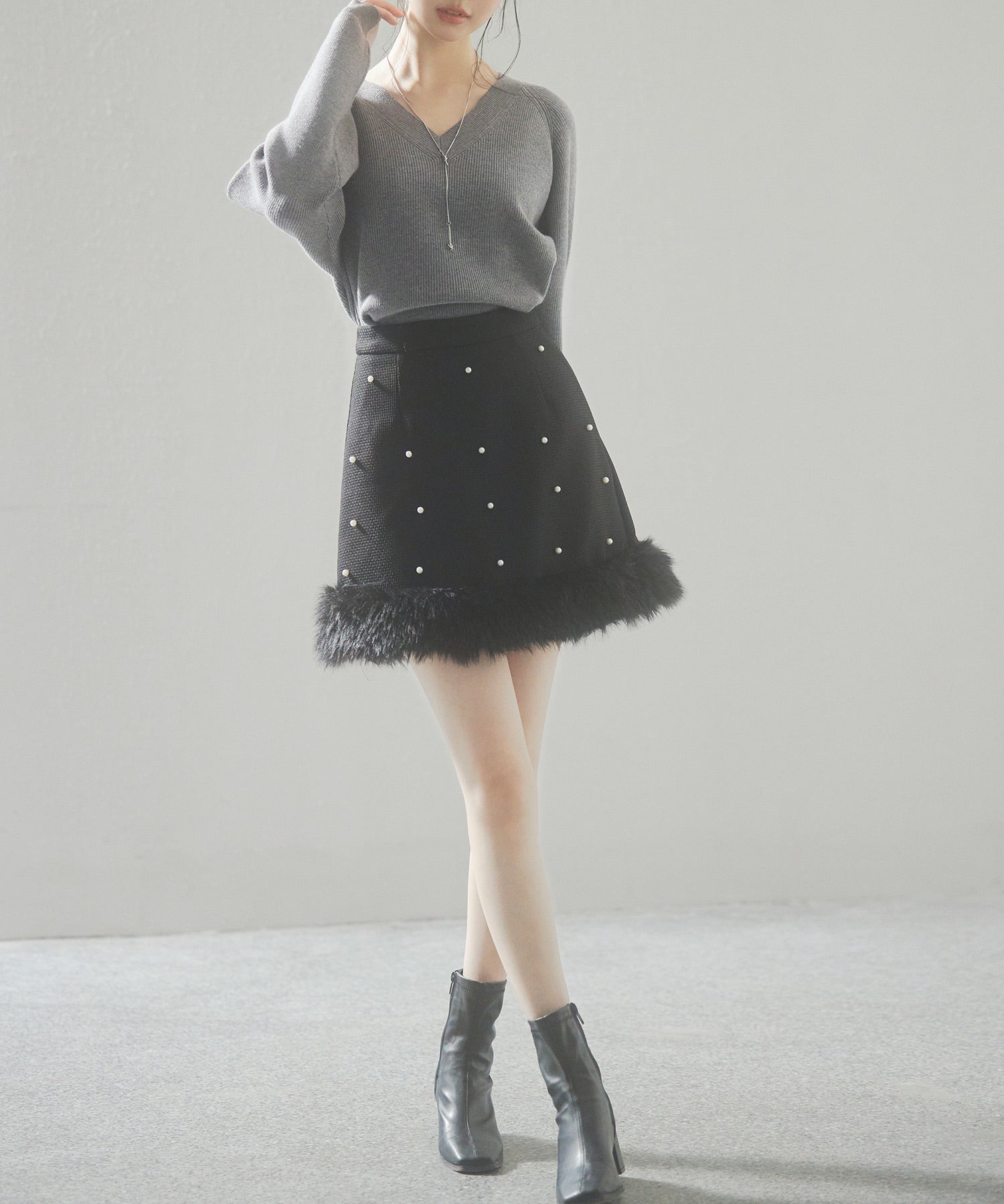 パール付きハイウエストツイードミニスカートsdp0145b ブラック