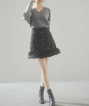 パール付きハイウエストツイードミニスカートsdp0145b ブラック