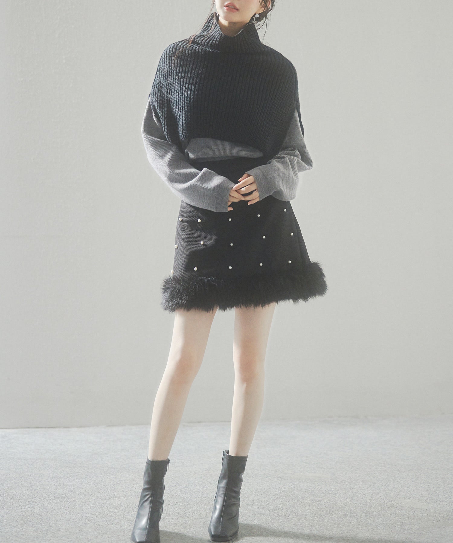 パール付きハイウエストツイードミニスカートsdp0145b ブラック