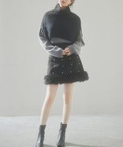 パール付きハイウエストツイードミニスカートsdp0145b ブラック