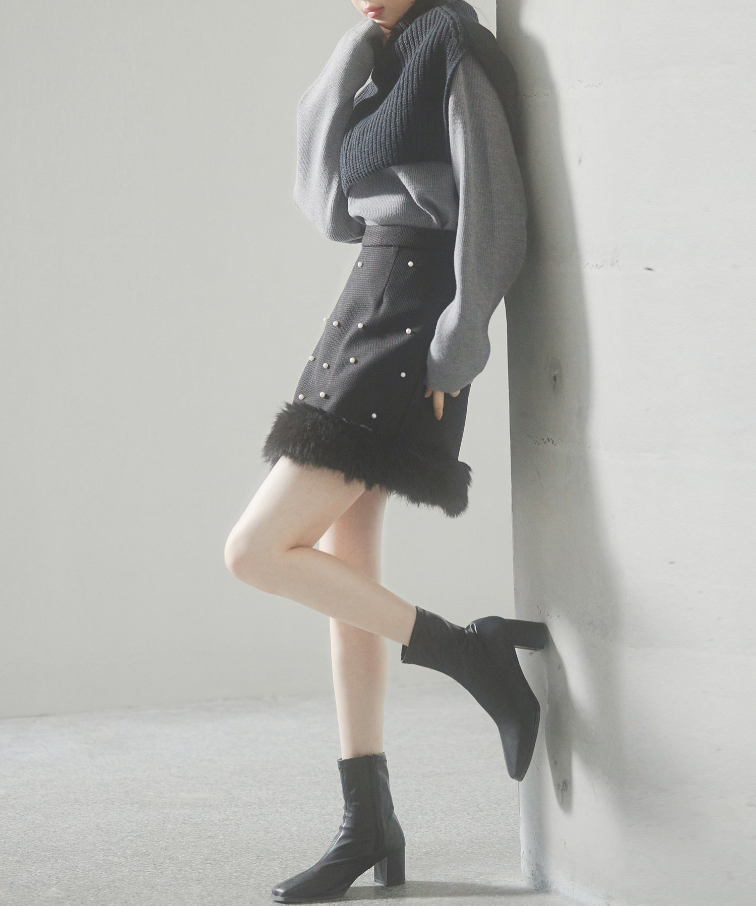 パール付きハイウエストツイードミニスカートsdp0145b ブラック