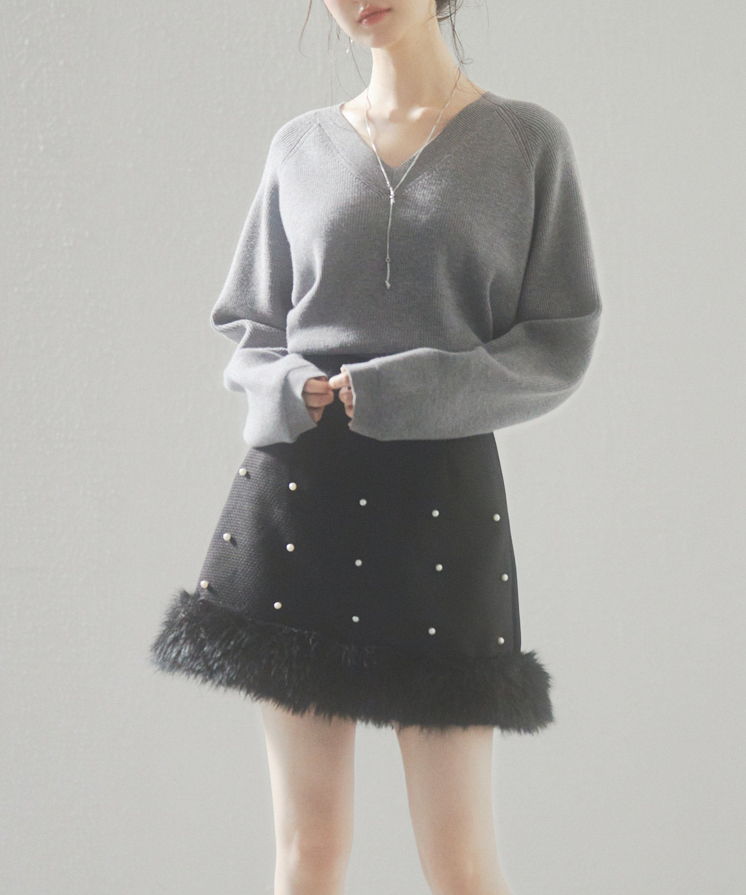 パール付きハイウエストツイードミニスカートsdp0145b ブラック